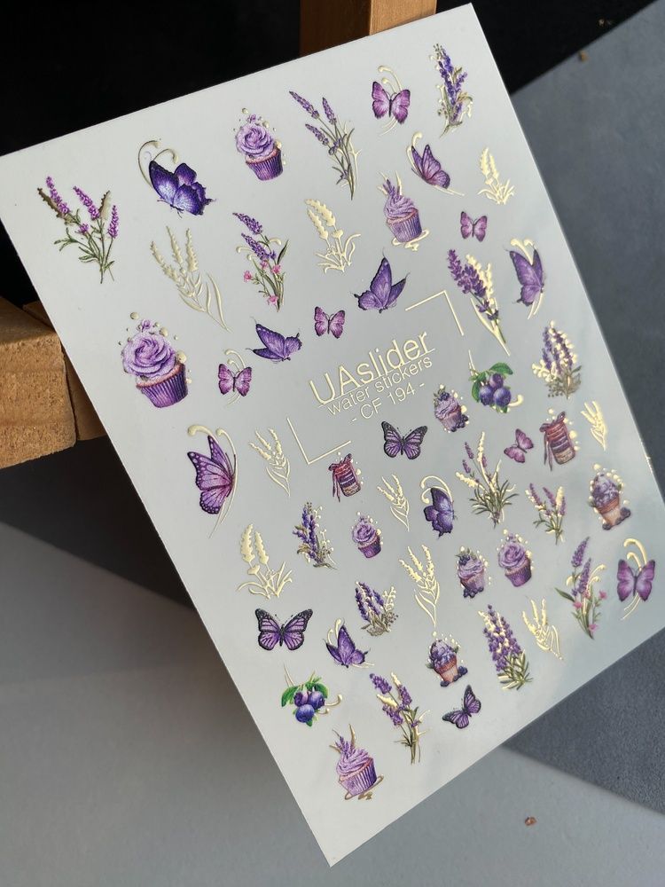 Слайдер-дизайн Color and Foil 194 | Слайдери для Нігтів | Лаванда і Капкейки Водні Наклейки з Фіолетовими Метеликами та Золотом CF_194 фото