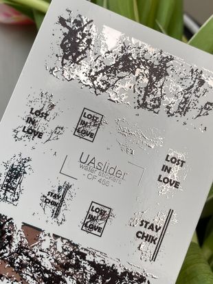 Слайдер-дизайн Color and Foil 466 | Абстрактные водные декали для ногтей | Черное и серебро с надписями CF_466 фото