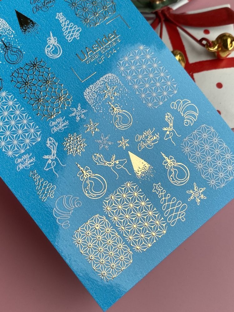 Слайдер-дизайн Color and Foil 014 | Різдвяні водні декалі для нігтів, золоті сніжинки та геометричні візерунки CF_014 фото