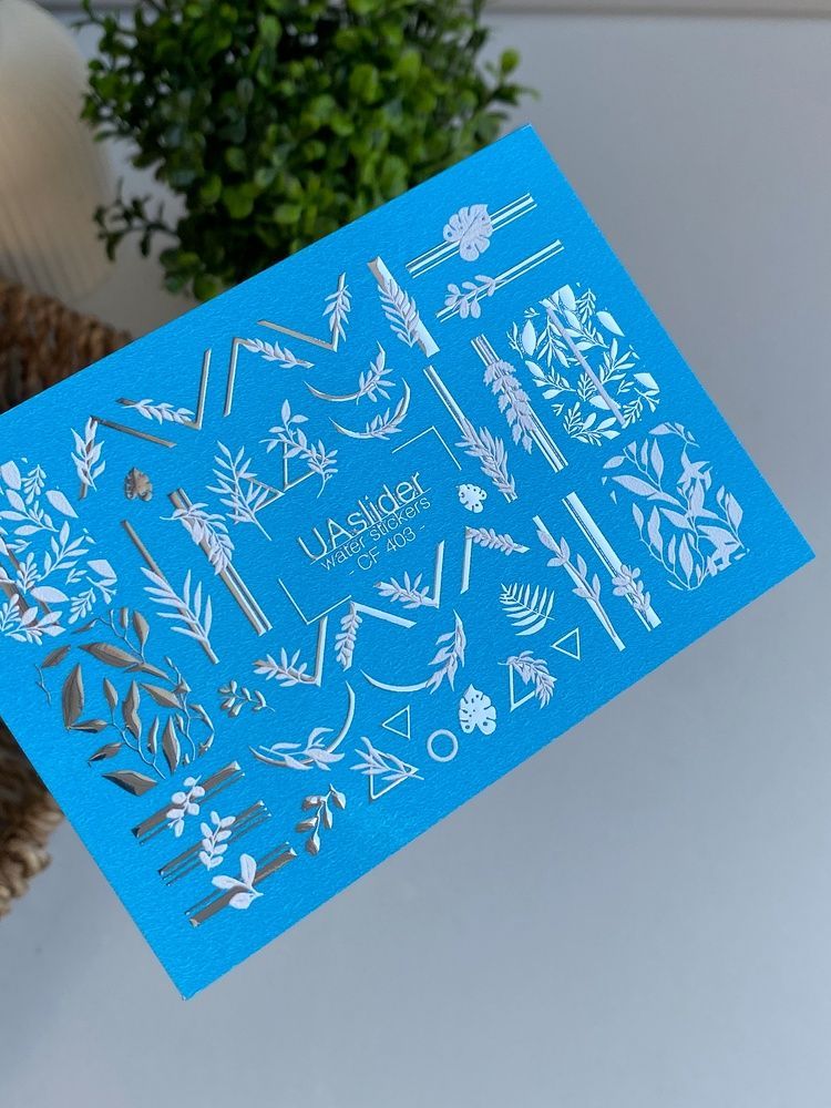 Слайдер-дизайн Color and Foil 403 | Білі ботанічні водні декалі | Листя, гілочки та геометричні акценти CF_403 фото
