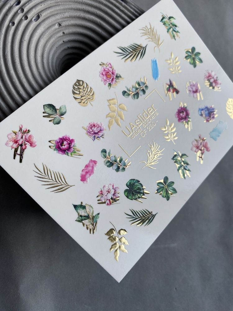 Слайдер-дизайн Color and Foil 220 | Слайдери для Нігтів | Квіти та Листя із Золотою Фольгою Водні Наклейки CF_220 фото