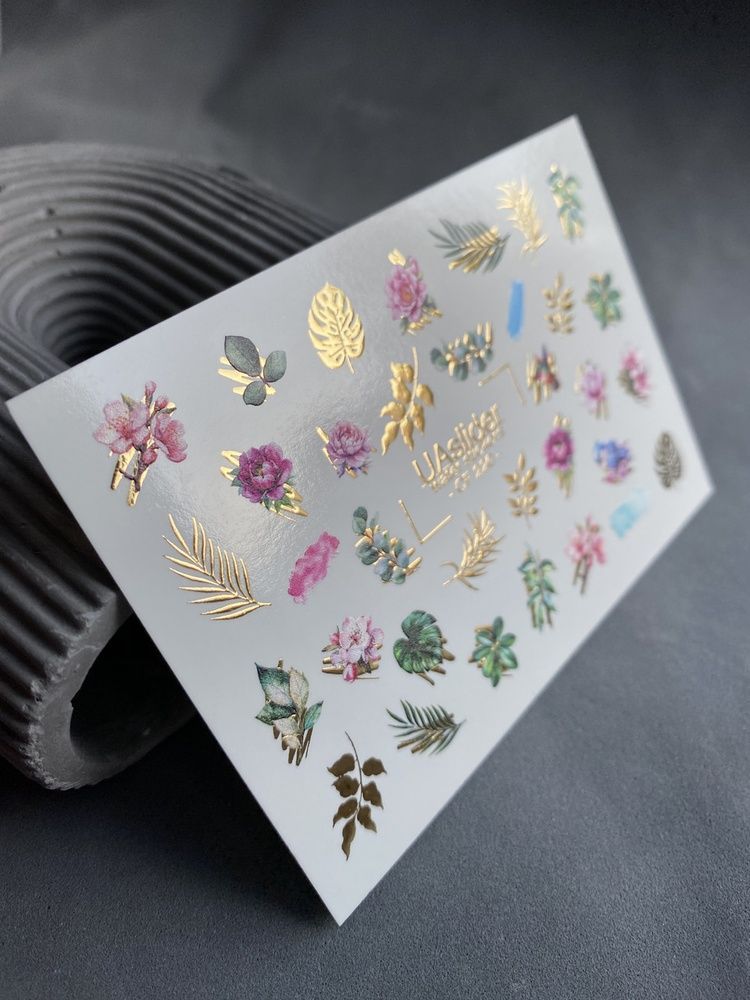 Слайдер-дизайн Color and Foil 220 | Слайдери для Нігтів | Квіти та Листя із Золотою Фольгою Водні Наклейки CF_220 фото