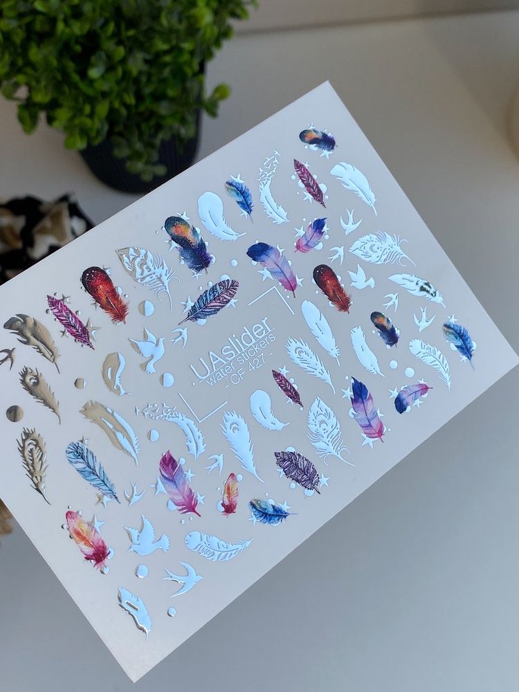 Слайдер-дизайн Color and Foil 427 | Водні декалі для нігтів з кольоровими пір&rsquo;їнками | Пташки та бохо стиль CF_427 фото