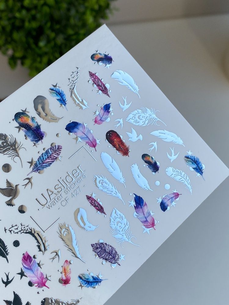 Слайдер-дизайн Color and Foil 427 | Водні декалі для нігтів з кольоровими пір&rsquo;їнками | Пташки та бохо стиль CF_427 фото