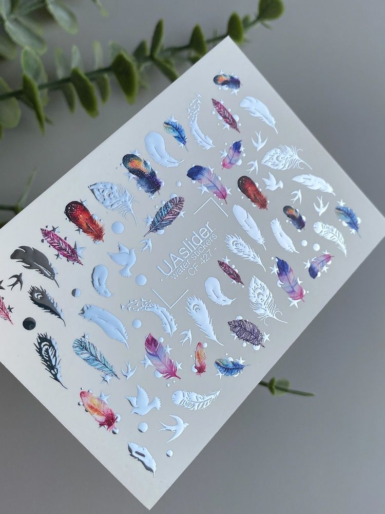 Слайдер-дизайн Color and Foil 427 | Водні декалі для нігтів з кольоровими пір&rsquo;їнками | Пташки та бохо стиль CF_427 фото