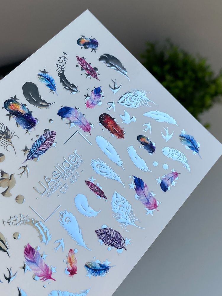 Слайдер-дизайн Color and Foil 427 | Водні декалі для нігтів з кольоровими пір&rsquo;їнками | Пташки та бохо стиль CF_427 фото