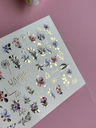 Слайдер-дизайн Color and Foil 115 | Слайдери для Нігтів Квіти | Акварельні Квіти із Золотим Декором CF_115 фото