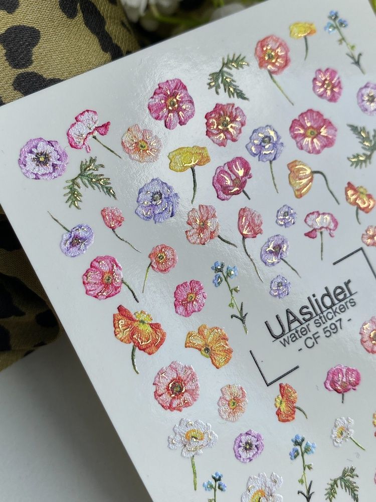 Слайдер-дизайн Color and Foil 597 | Водні слайдери з різнокольоровими польовими квітами | Весняні квіткові наклейки для нігтів CF_597 фото