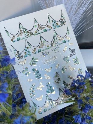 Слайдер-дизайн Color and Foil 614 | Водные декали для френча с ботаникой | Бабочки и листья с золотой фольгой CF_614 фото
