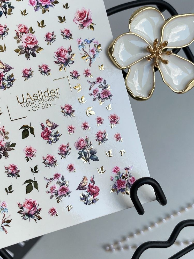 Слайдер-дизайн Color and Foil 594 | Романтичні водні слайдери з рожевими трояндами | Квіткові наклейки з золотом та пташками CF_594 фото