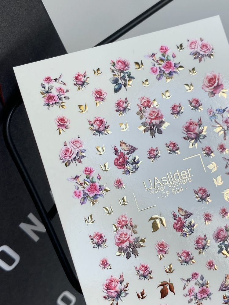 Слайдер-дизайн Color and Foil 594 | Романтичні водні слайдери з рожевими трояндами | Квіткові наклейки з золотом та пташками CF_594 фото