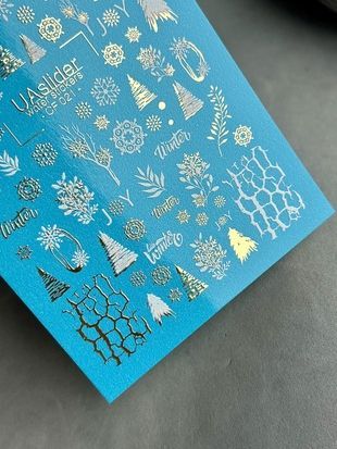 Слайдер-дизайн Color and Foil 021 | Зимові водні декалі для нігтів, сніжинки, ялинки та золоті акценти CF_021 фото