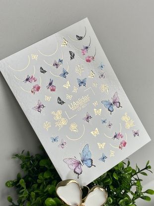 Слайдер-дизайн Color and Foil 601 | Водні слайдери для нігтів Метелики та Квіти | Блакитні, фіолетові й рожеві метелики із золотим акцентом CF_601 фото