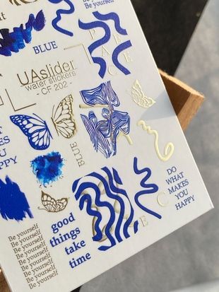 Слайдер-дизайн Color and Foil 202 | Абстрактні водні декалі для нігтів, синьо-золоті хвилі з метеликами та цитатами CF_202 фото