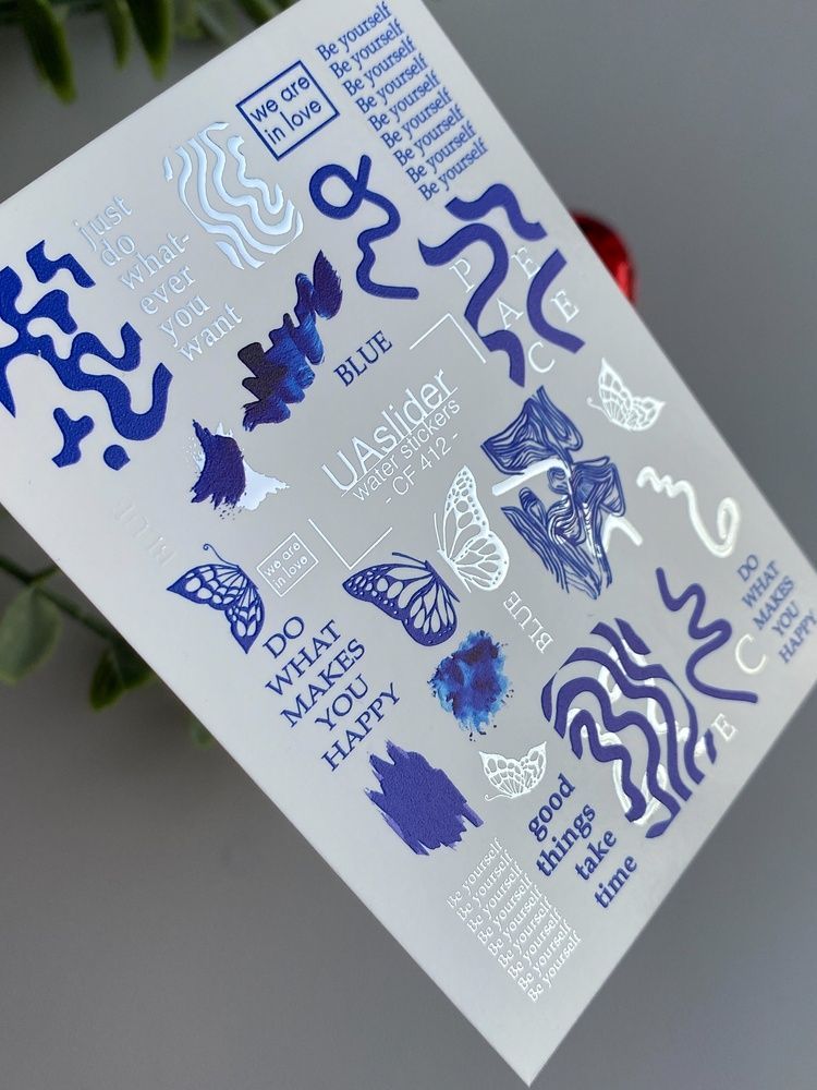 Слайдер-дизайн Color and Foil 412 | Водні декалі для нігтів із синіми абстракціями та метеликами | Мотиваційні написи для нейл-арту CF_412 фото