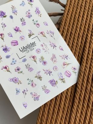 Слайдер-дизайн Color and Foil 504 | Водные декали с фиолетовыми цветами и бабочками | Романтичный флористический нейл-арт CF_504 фото