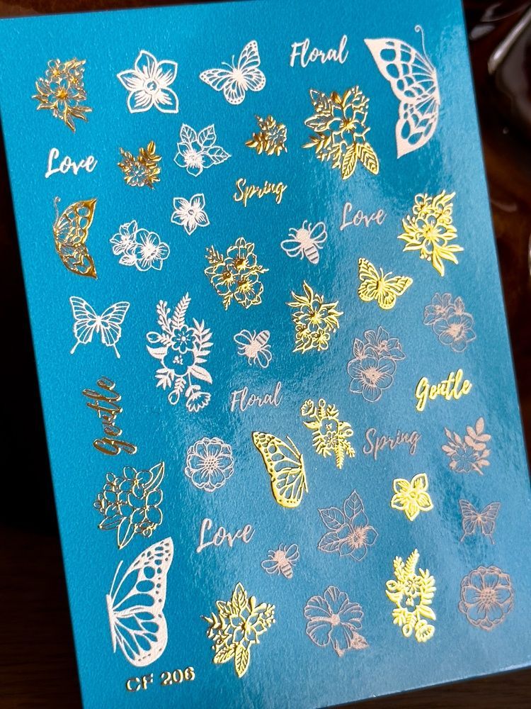 Слайдер-дизайн Color and Foil 206 | Слайдери для Нігтів | Біло-Золоті Квіти та Метелики Водні Наклейки CF_206 фото