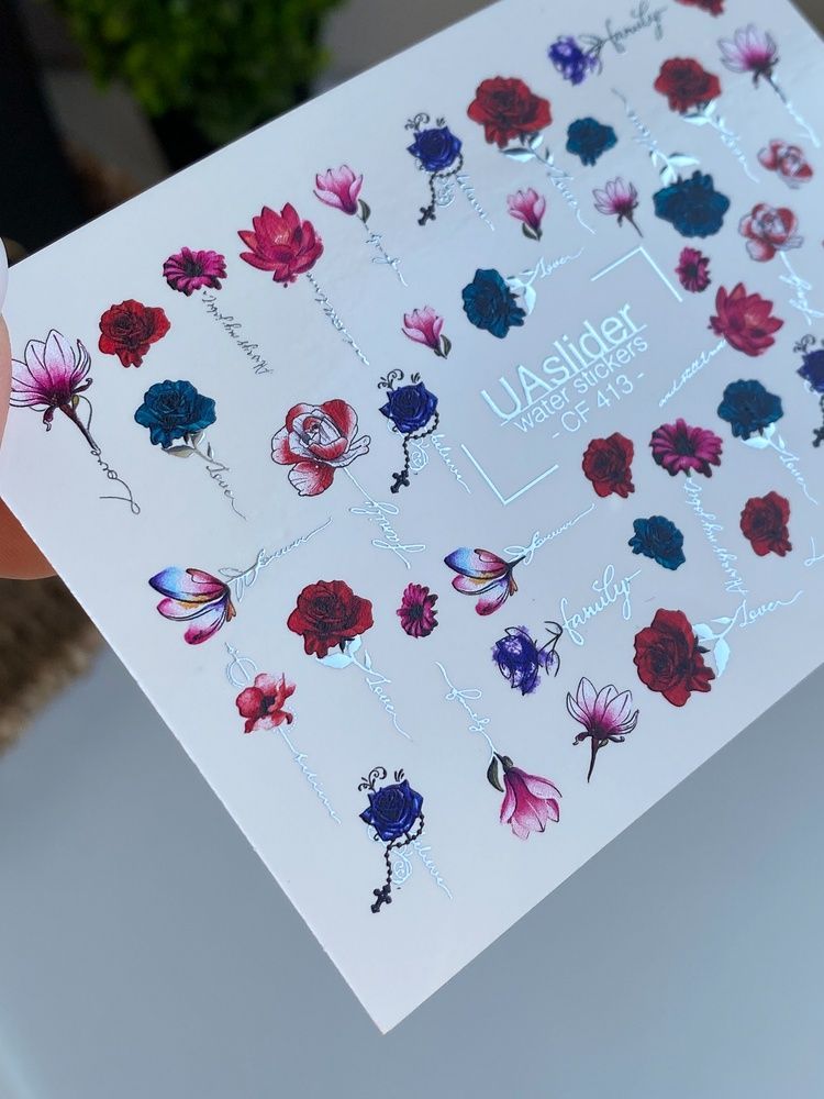 Слайдер-дизайн Color and Foil 413 | Водні декалі для нігтів з романтичними квітами | Троянди, магнолії та каліграфія CF_413 фото
