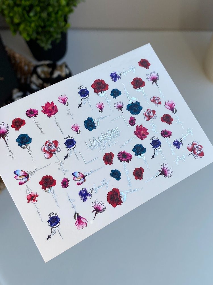 Слайдер-дизайн Color and Foil 413 | Водні декалі для нігтів з романтичними квітами | Троянди, магнолії та каліграфія CF_413 фото