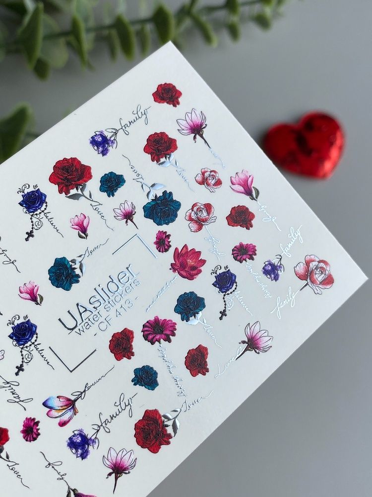 Слайдер-дизайн Color and Foil 413 | Водні декалі для нігтів з романтичними квітами | Троянди, магнолії та каліграфія CF_413 фото