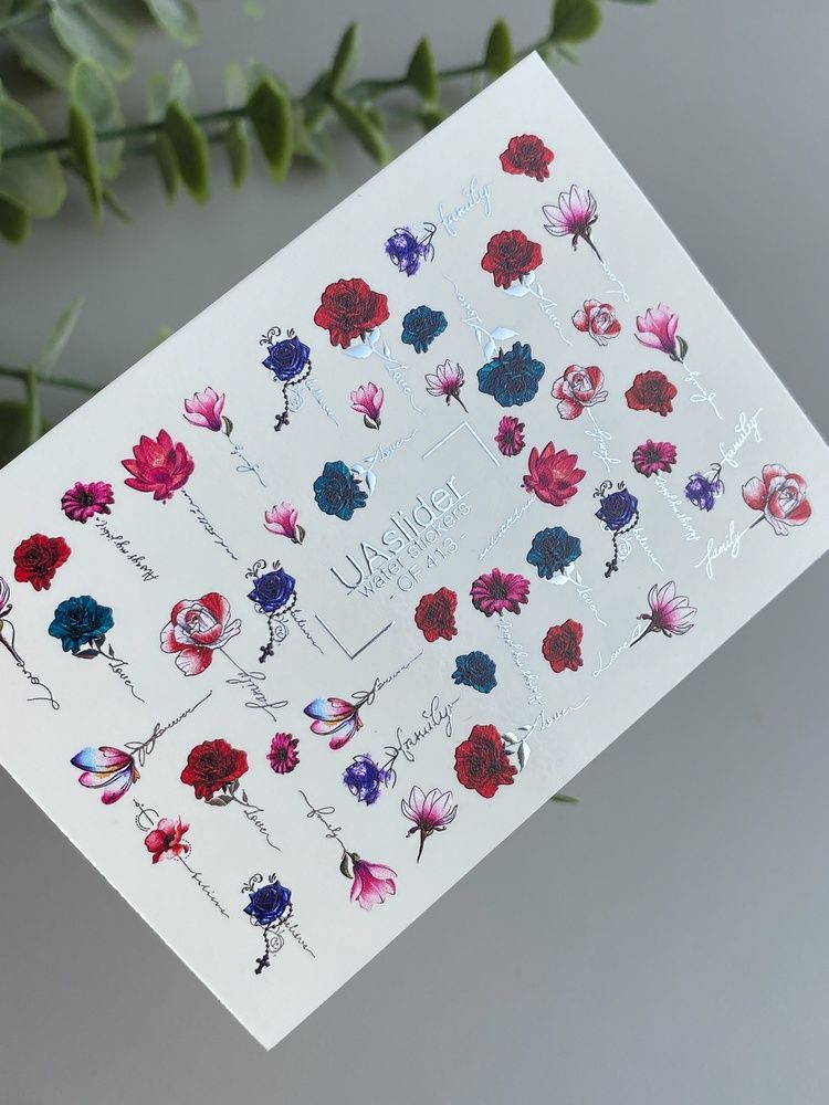 Слайдер-дизайн Color and Foil 413 | Водні декалі для нігтів з романтичними квітами | Троянди, магнолії та каліграфія CF_413 фото