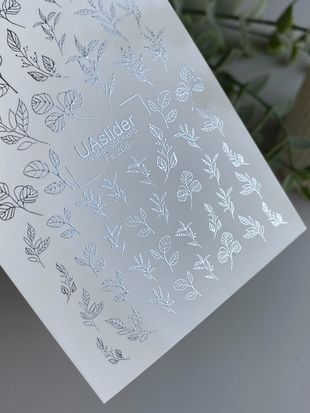 Слайдер-дизайн Fs 266 silver | Ботанические водные декали для ногтей | Серебряные листочки и веточки Fs_266 фото