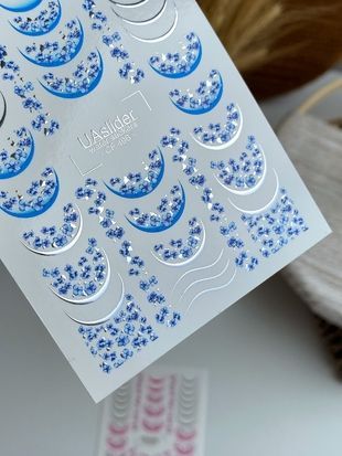 Слайдер-дизайн Color and Foil 496 | Водные слайдеры для французского маникюра с голубыми цветами и серебром | Цветочные наклейки для ногтей CF_496 фото