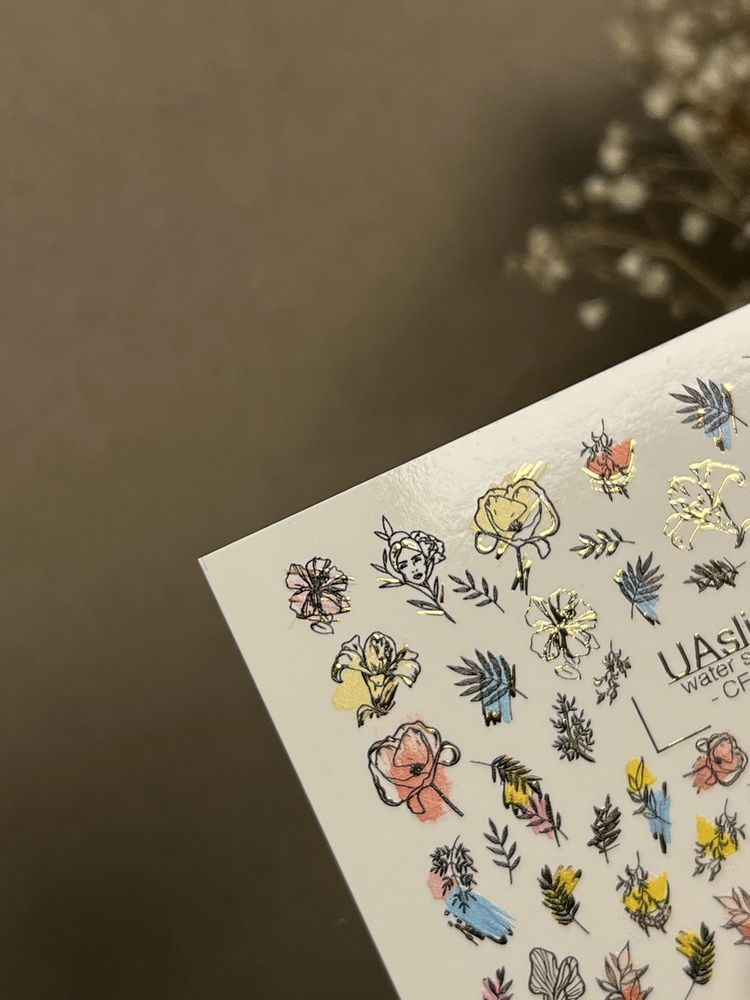 Слайдер-дизайн Color and Foil 271 | Квіткові водні декалі для нігтів | Різнокольорові квіти та акценти золотої фольги CF_271 фото