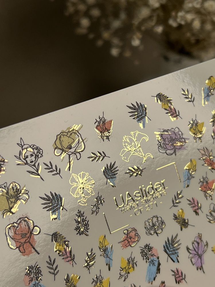 Слайдер-дизайн Color and Foil 271 | Квіткові водні декалі для нігтів | Різнокольорові квіти та акценти золотої фольги CF_271 фото