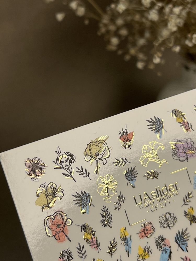 Слайдер-дизайн Color and Foil 271 | Квіткові водні декалі для нігтів | Різнокольорові квіти та акценти золотої фольги CF_271 фото