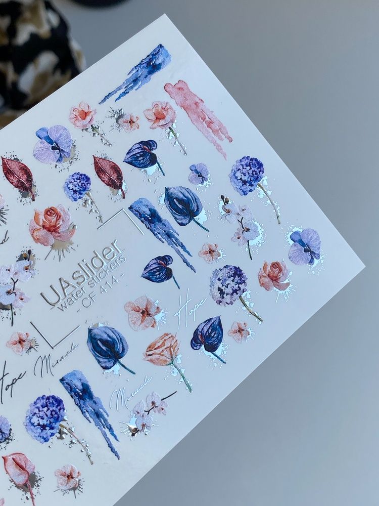 Слайдер-дизайн Color and Foil 414 | Водні декалі для нігтів з акварельними квітами | Троянди, орхідеї та романтичні написи CF_414 фото