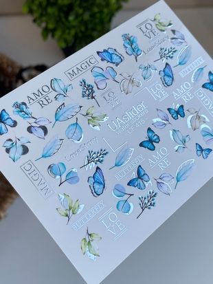 Слайдер-дизайн Color and Foil 415 | Водні декалі для нігтів з блакитними метеликами та ботанікою | Романтичний дизайн Love Story CF_415 фото