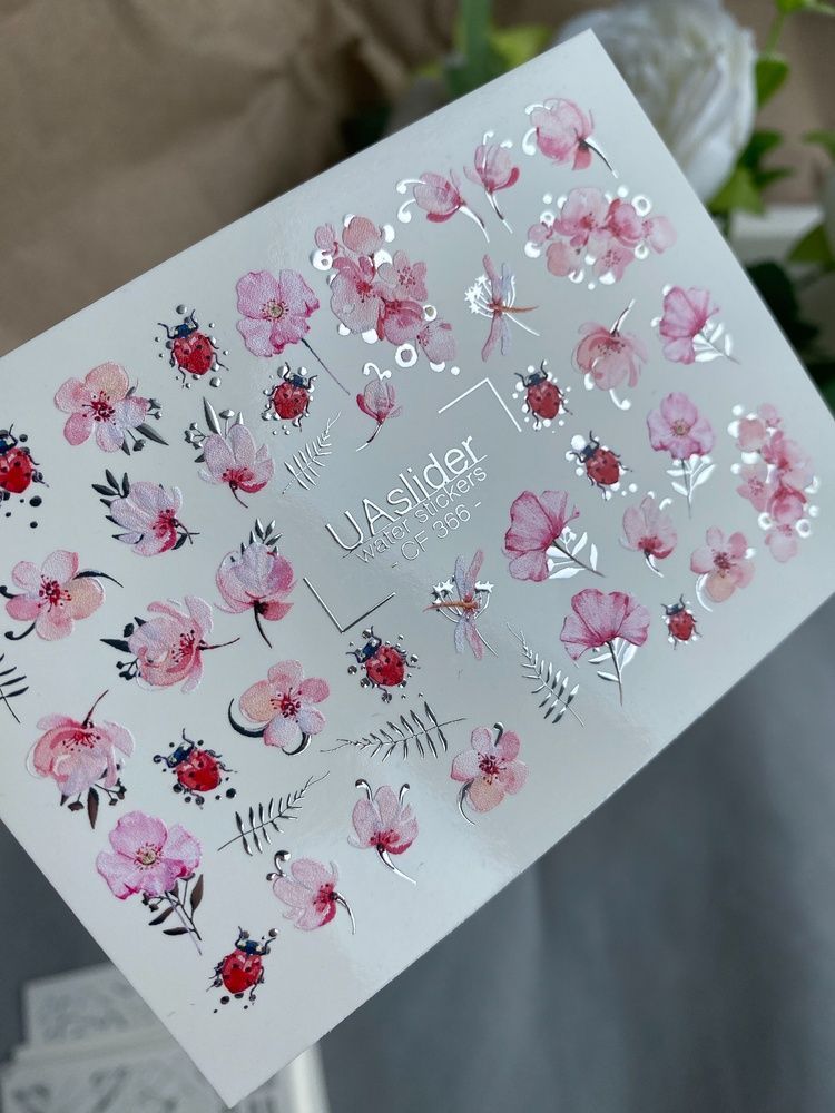 Слайдер-дизайн Color and Foil 366 | Водні слайдери для нігтів | Рожеві квіти та сонечка CF_366 фото