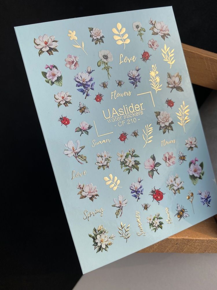 Слайдер-дизайн Color and Foil 210 | Слайдери для Нігтів | Квіти з Сонечками та Бджілками Водні Наклейки CF_210 фото
