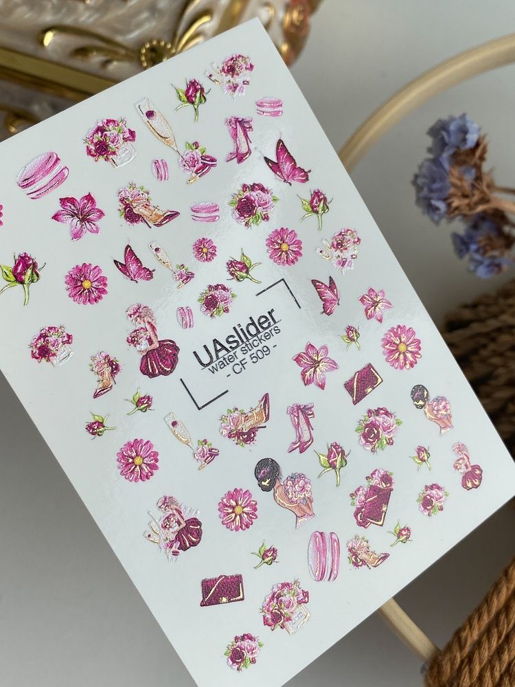 Слайдер-дизайн Color and Foil 509 | Водні декалі з рожевими квітами та модними елементами | Гламурний нейл-арт CF_509 фото