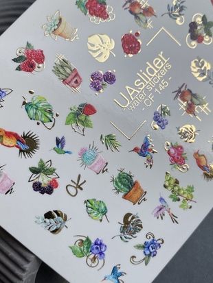 Слайдер-дизайн Color and Foil 145 | Слайдери для Нігтів | Яскраві Пташки, Рослини, Кактуси та Фрукти із Золотими Акцентами CF_145 фото