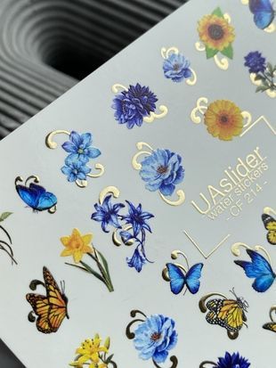 Слайдер-дизайн Color and Foil 214 | Слайдери для Нігтів | Блакитні та Жовті Квіти з Метеликами Водні Наклейки CF_214 фото