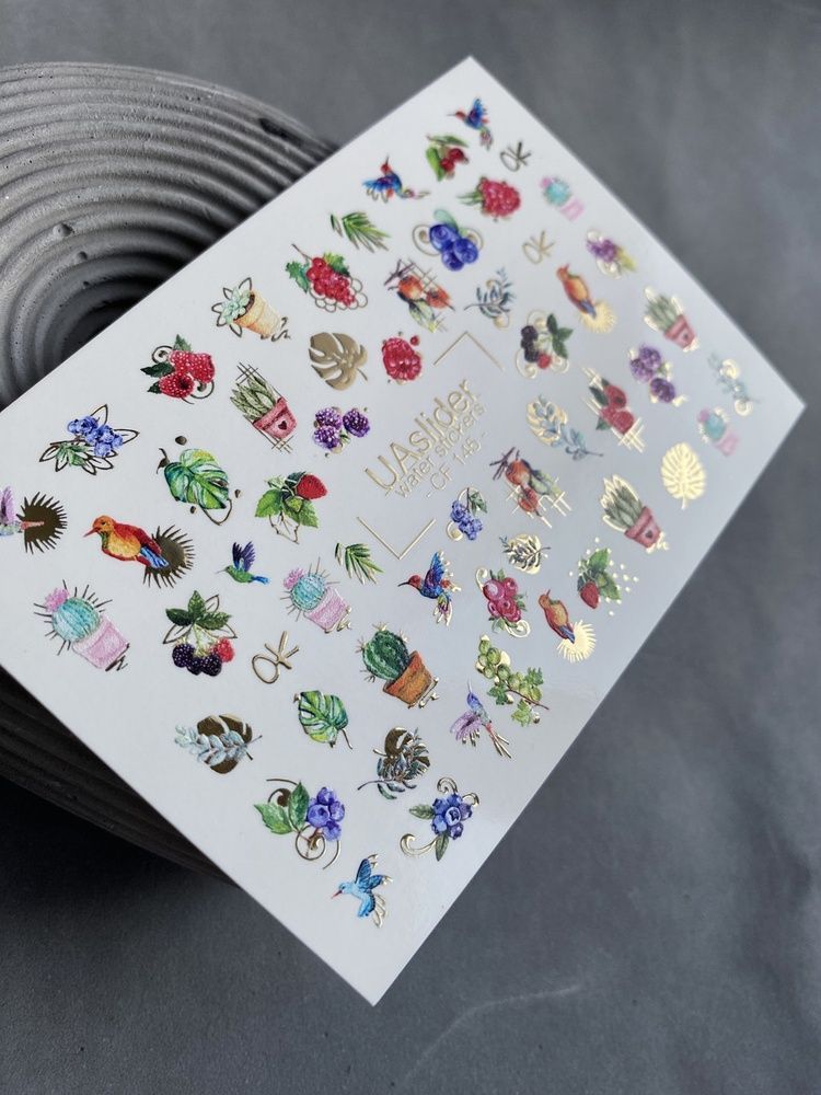 Слайдер-дизайн Color and Foil 145 | Слайдери для Нігтів | Яскраві Пташки, Рослини, Кактуси та Фрукти із Золотими Акцентами CF_145 фото