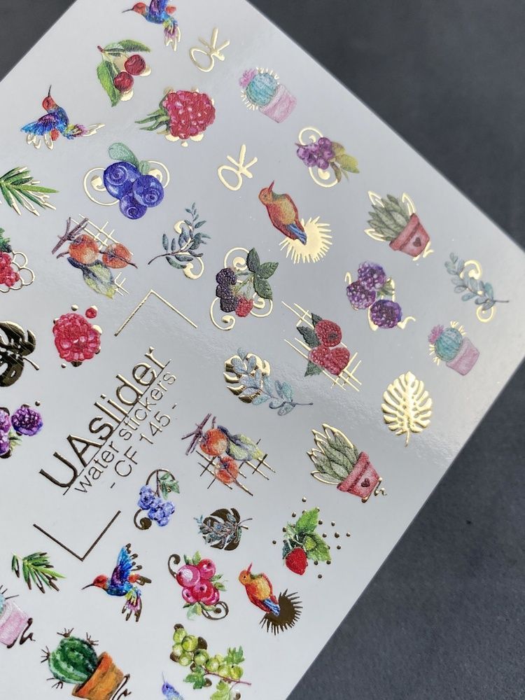 Слайдер-дизайн Color and Foil 145 | Слайдери для Нігтів | Яскраві Пташки, Рослини, Кактуси та Фрукти із Золотими Акцентами CF_145 фото