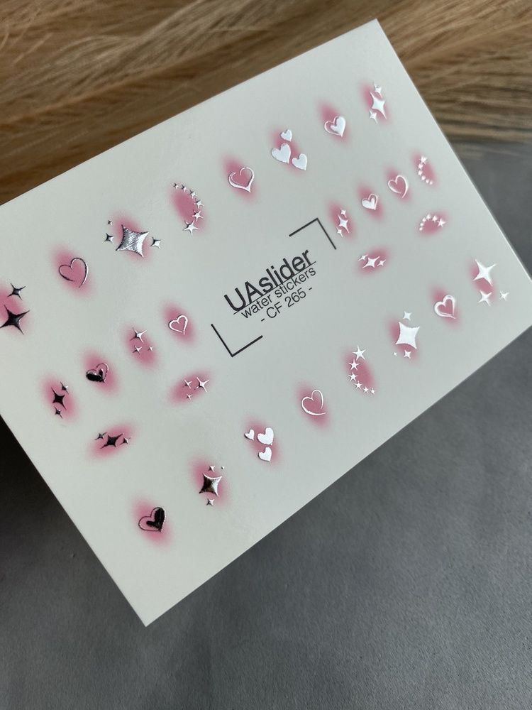 Слайдер-дизайн Color and Foil 265 silver | Водні декалі для нігтів | Срібні сердечка та зірочки з рожевим сяйвом CF_265 фото