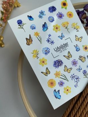 Слайдер-дизайн Color and Foil 515 | Водные декали с синими и жёлтыми цветами и бабочками | Летний флористический нейл-арт CF_515 фото