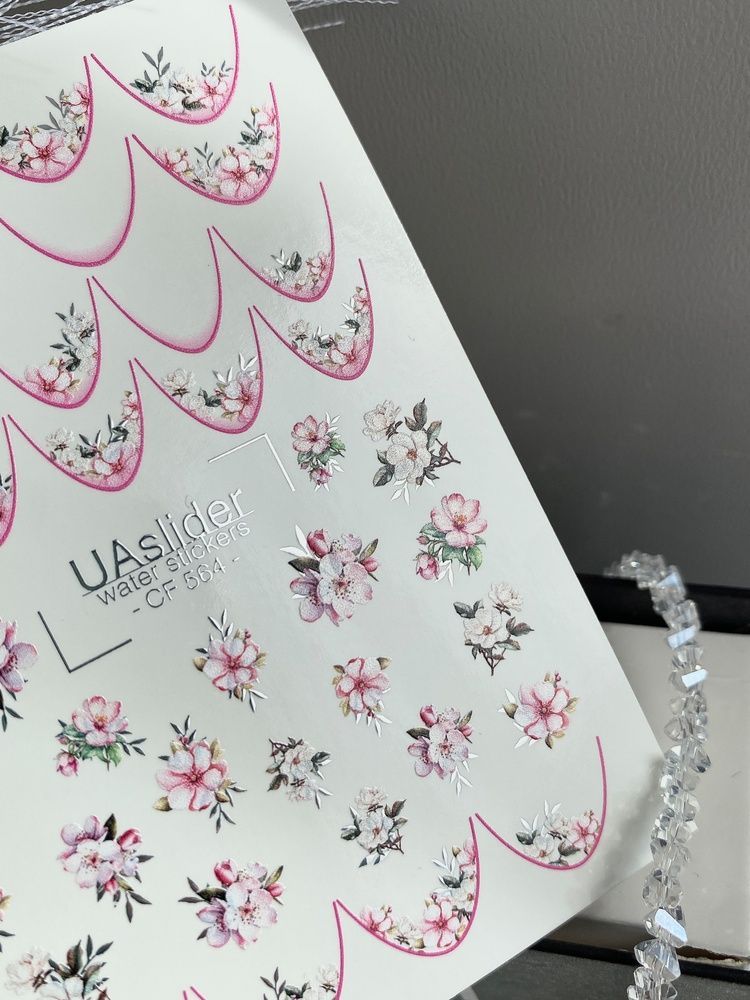 Слайдер-дизайн Color and Foil 564 | Водні декалі для френчу з квітами сакури | Рожевий квітковий дизайн CF_564 фото