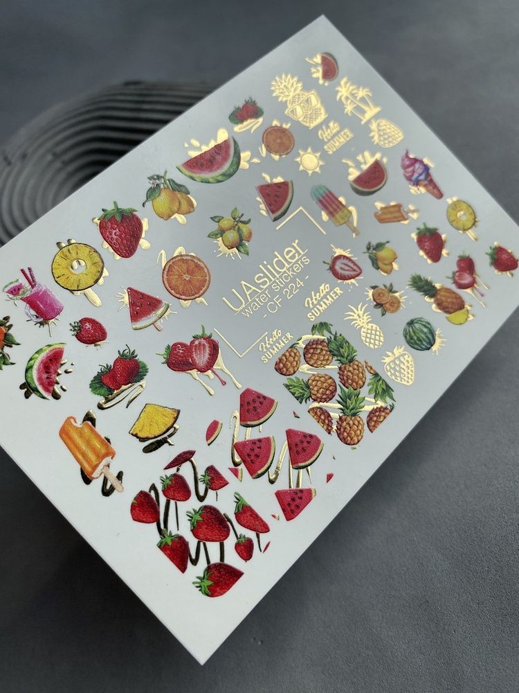 Слайдер-дизайн Color and Foil 224 | Водні декалі для нігтів з фруктами | Літні фрукти та морозиво із золотом CF_224 фото