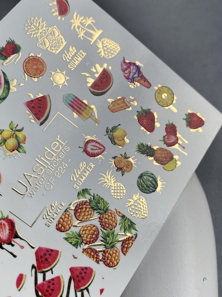 Слайдер-дизайн Color and Foil 224 | Водні декалі для нігтів з фруктами | Літні фрукти та морозиво із золотом CF_224 фото
