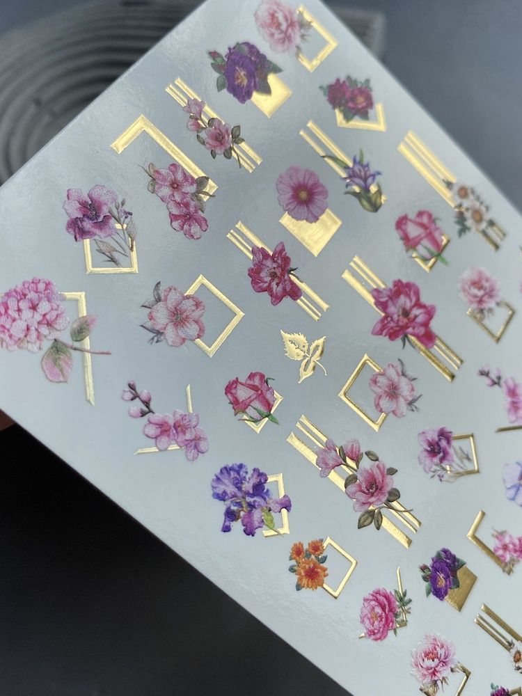 Слайдер-дизайн Color and Foil 174 | Слайдери для Нігтів | Вишукані Квіткові Мотиви із Золотими Геометричними Рамками CF_174 фото