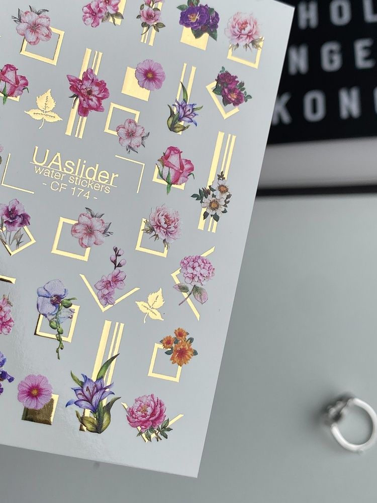 Слайдер-дизайн Color and Foil 174 | Слайдери для Нігтів | Вишукані Квіткові Мотиви із Золотими Геометричними Рамками CF_174 фото