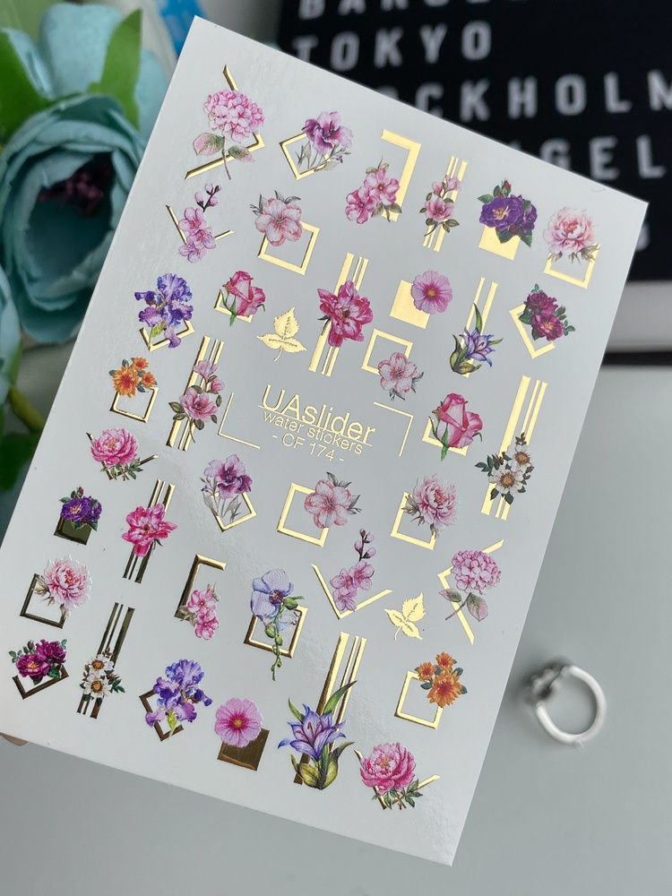 Слайдер-дизайн Color and Foil 174 | Слайдери для Нігтів | Вишукані Квіткові Мотиви із Золотими Геометричними Рамками CF_174 фото