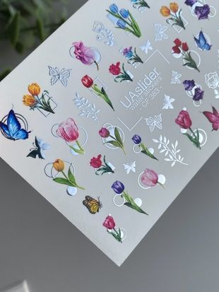 Слайдер-дизайн Color and Foil 383 | Водные декали с тюльпанами | Яркие весенние цветы и бабочки CF_383 фото