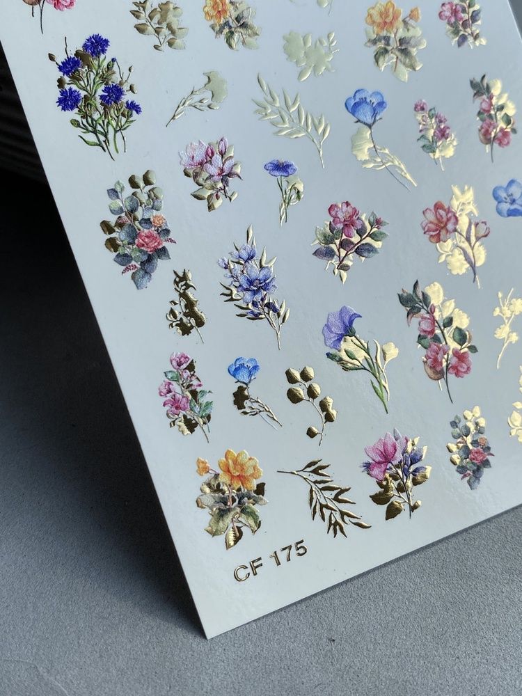 Слайдер-дизайн Color and Foil 175 | Слайдери для Нігтів | Квіткові Водні Наклейки із Золотими Рослинними Акцентами CF_175 фото
