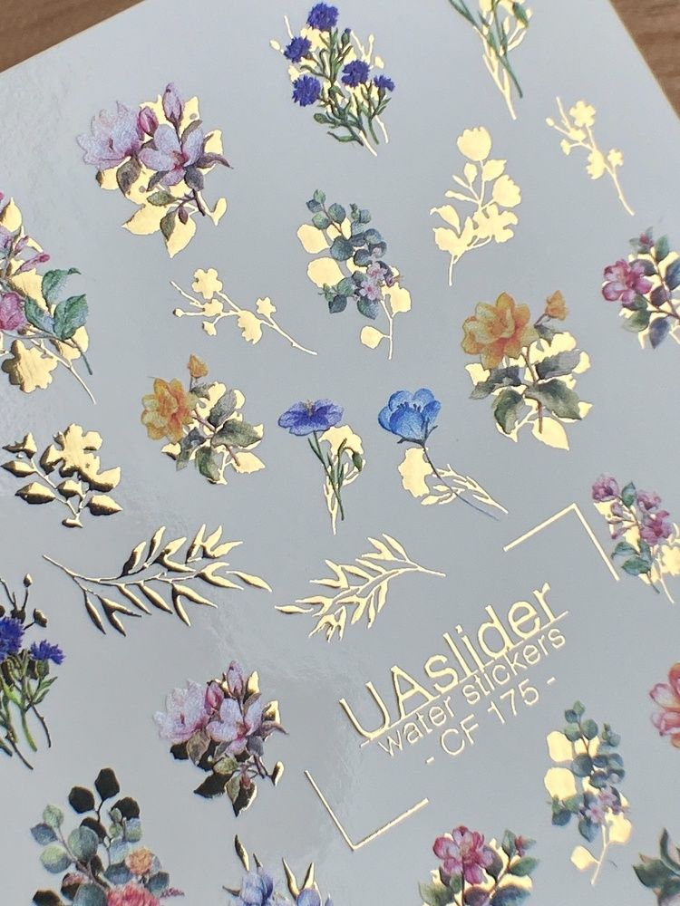 Слайдер-дизайн Color and Foil 175 | Слайдери для Нігтів | Квіткові Водні Наклейки із Золотими Рослинними Акцентами CF_175 фото